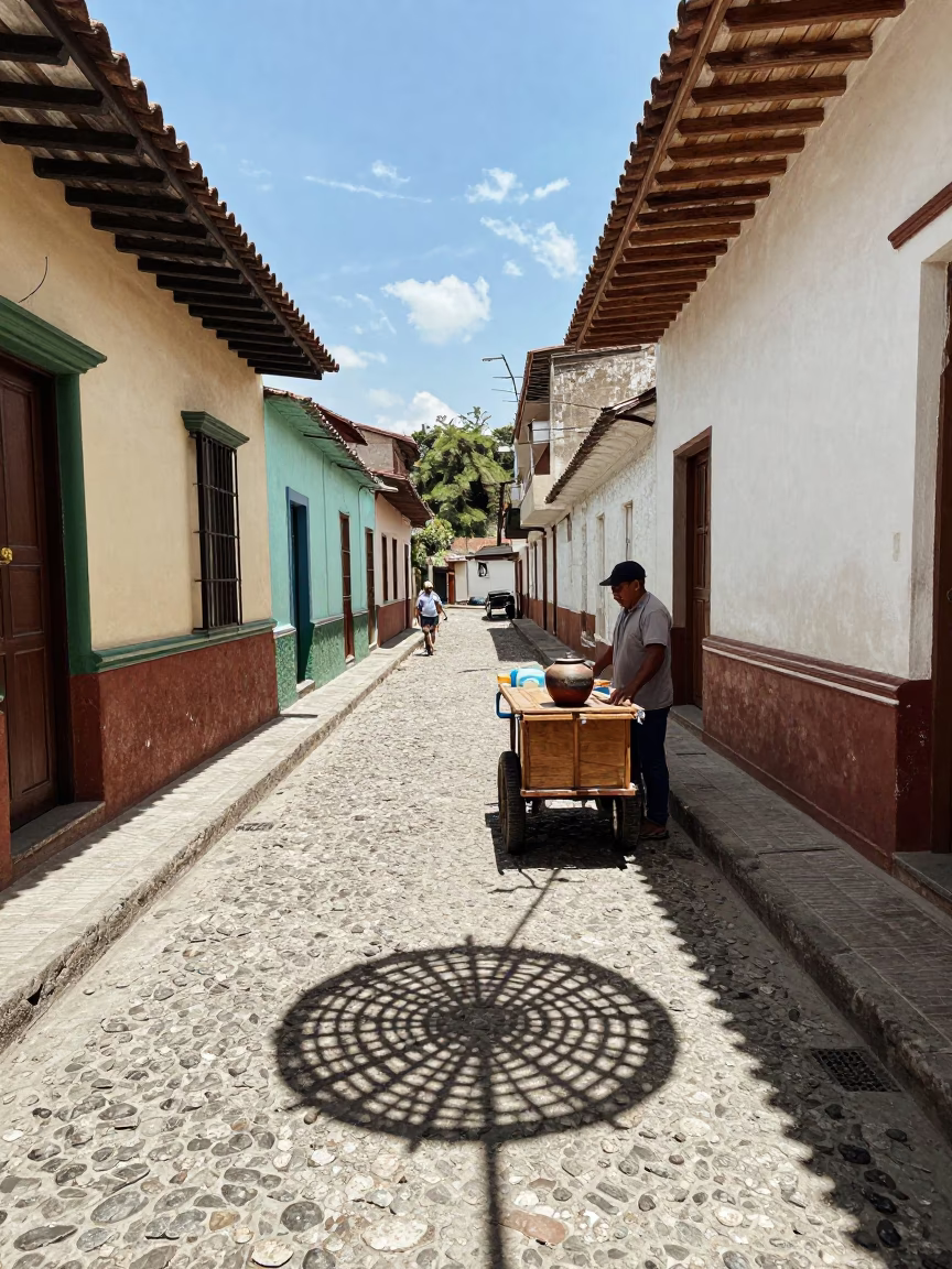 Midday Street Scene in Medellin Colombia with Wicker Shadow and Pot Lid in in Medellin, Colombia