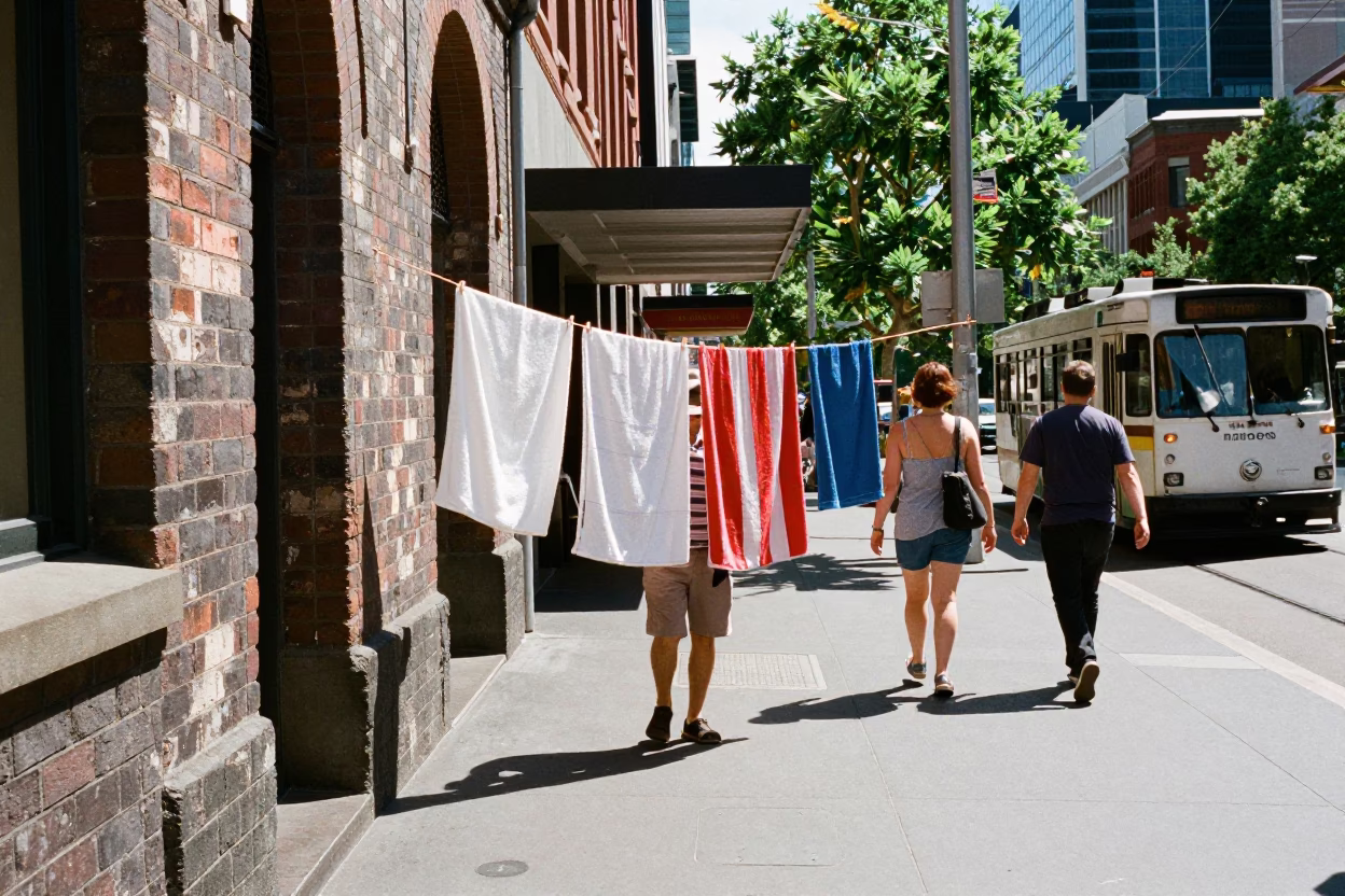 Midday Street Scene in Melbourne Victoria Australia with Drying Towels and Urban Life in in Melbourne, Victoria, Australia