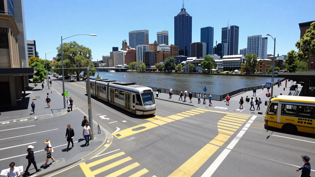 Midday street scene in Melbourne Victoria Australia with pedestrian crossing and tram tracks in in Melbourne, Victoria, Australia