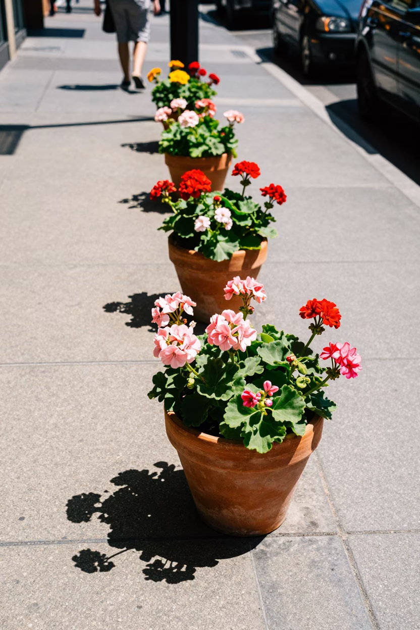 Midday Street Scene in Melbourne Victoria Australia with Potted Geraniums and Urban Architecture in in Melbourne, Victoria, Australia