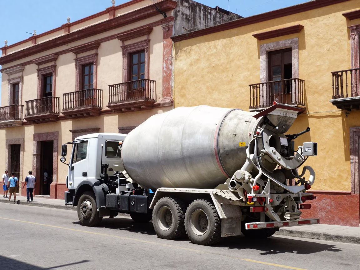 Midday Street Scene in Merida Mexico with Cement Mixer and Local Market Activity in in Merida, Mexico