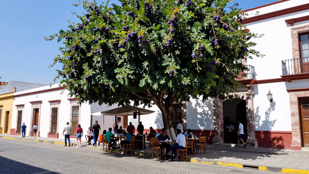 Midday Street Scene in Merida Mexico with Fig Tree and Local Life in in Merida, Mexico