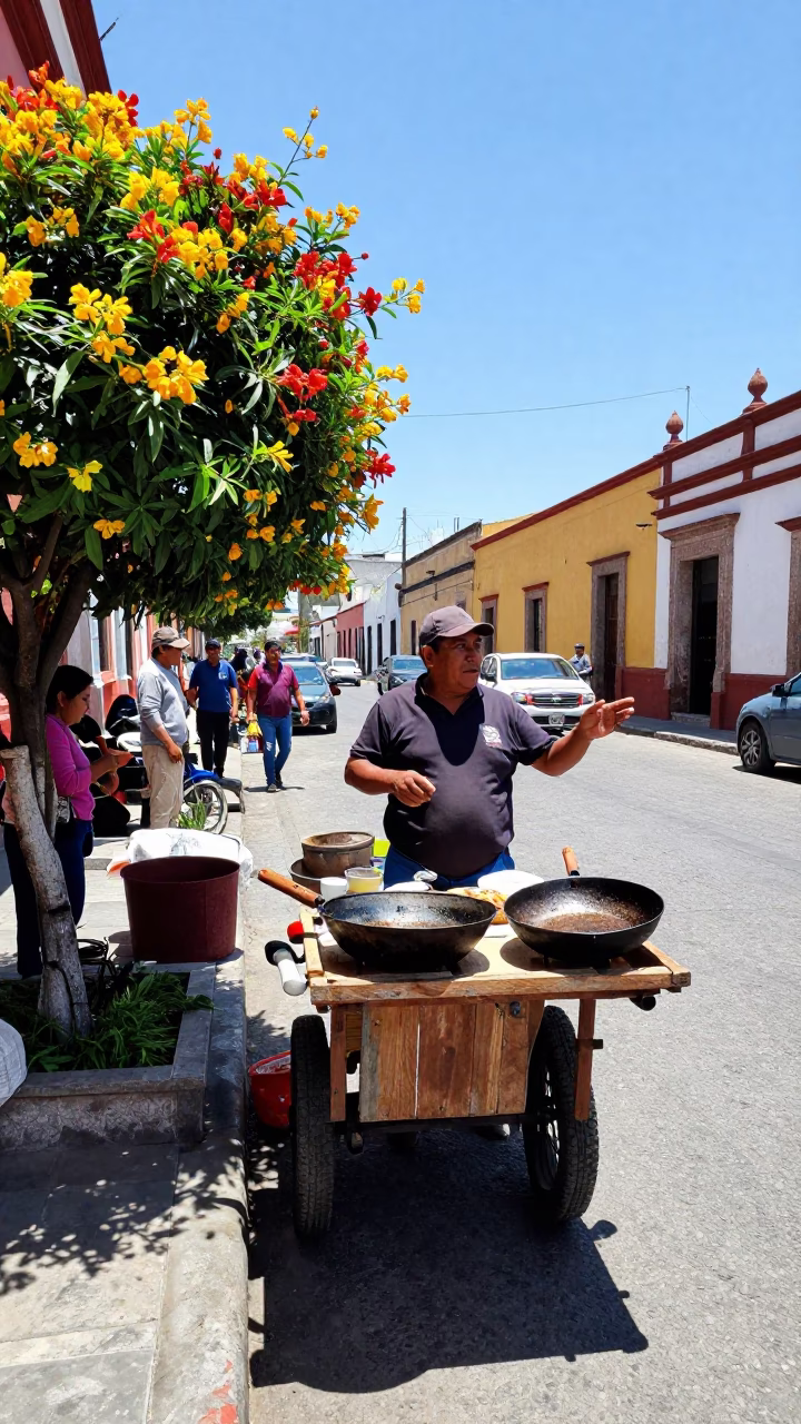 Midday Street Scene in Merida Mexico with Flowering Plant and Skillet Cooking in in Merida, Mexico