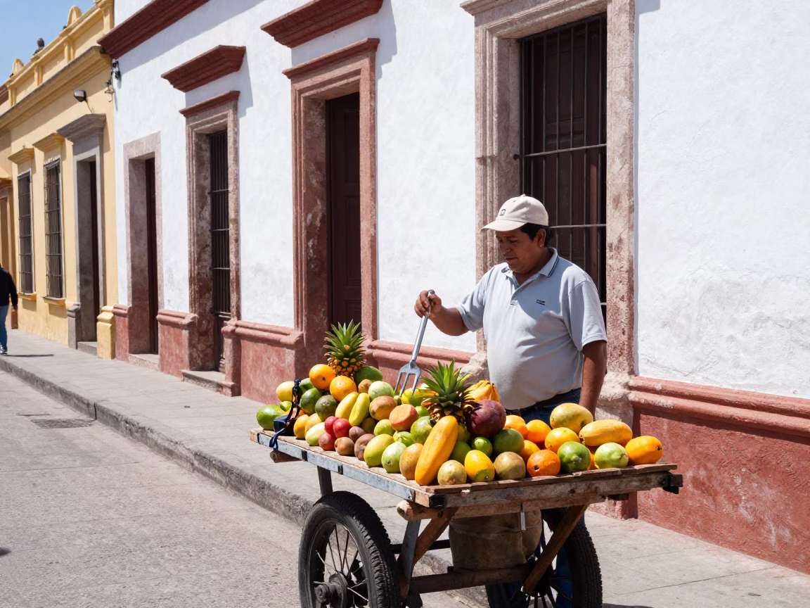Midday Street Scene in Merida Mexico with Hand Fork and Local Market Activity in in Merida, Mexico