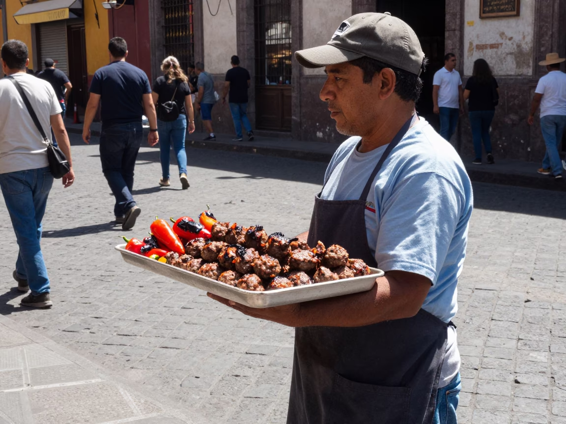 Midday Street Scene in Mexico City Featuring a Vendor Selling Grilled Kofte Peppers in in Mexico City, Mexico