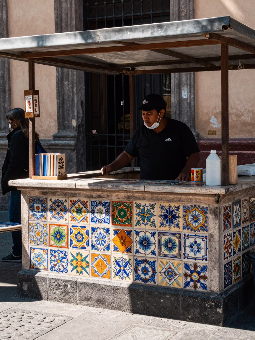 Midday Street Scene in Mexico City with Ceramic Tiles and Folding Chair in in Mexico City, Mexico