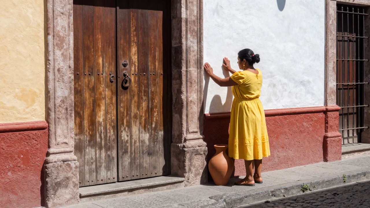 Midday Street Scene in Mexico City with Clay Pot and Gate Handle in in Mexico City, Mexico