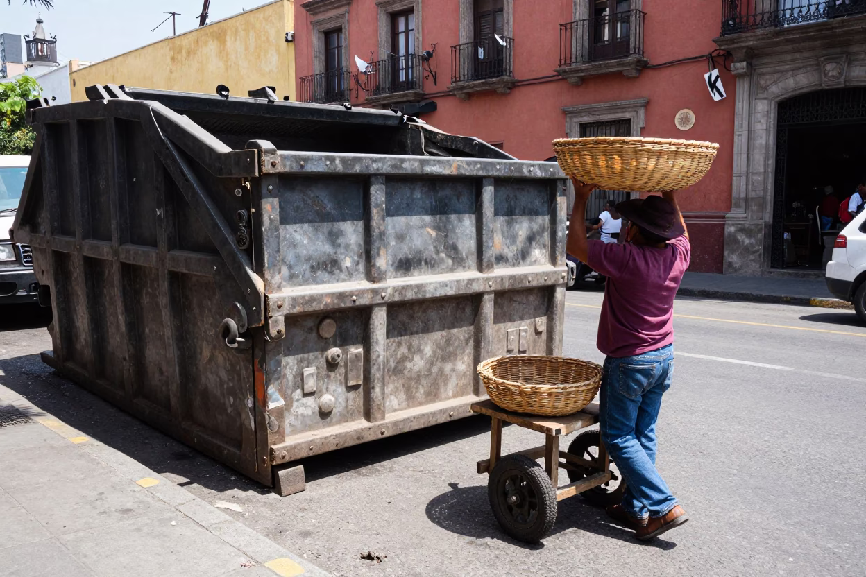 Midday Street Scene in Mexico City with Demolition Dumpster and Basket Tray in in Mexico City, Mexico