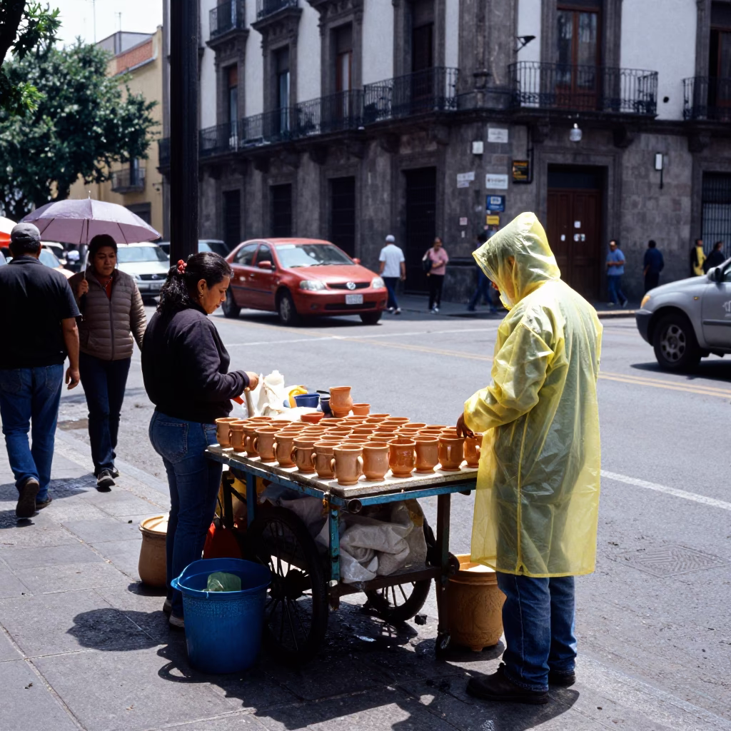 Midday Street Scene in Mexico City with Raincoats and Grease Sheen in in Mexico City, Mexico