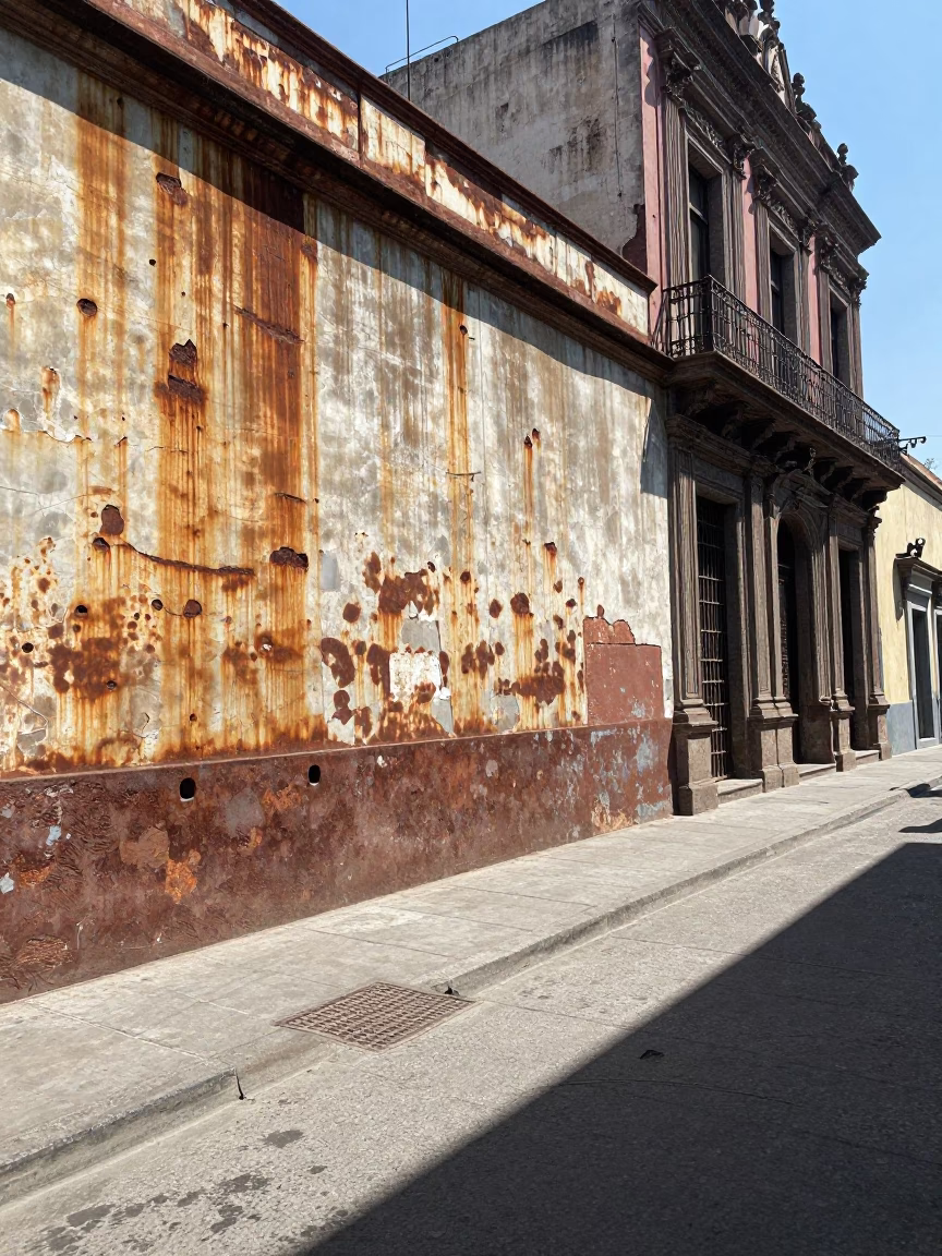 Midday street scene in Mexico City with rusted walls and historic architecture in in Mexico City, Mexico