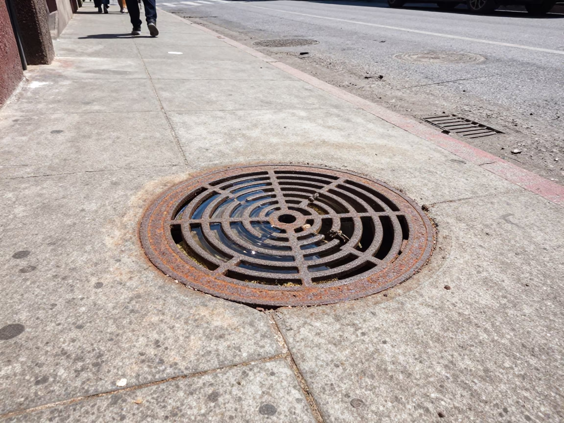 Midday Street Scene in Mexico City With Rusty Drain Cover And Water Ripples in in Mexico City, Mexico