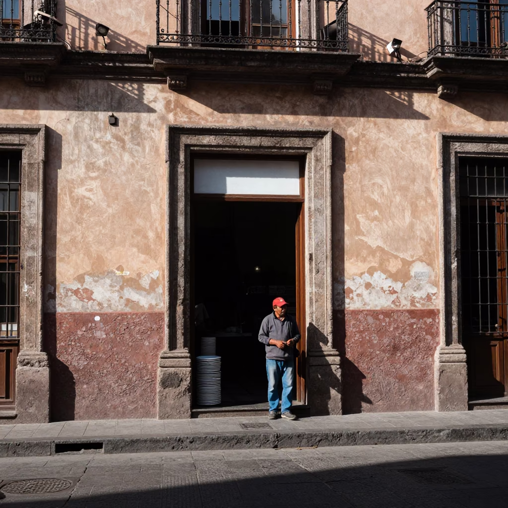 Midday Street Scene in Mexico City With Stacked Plates and Window Light on Doorframe in in Mexico City, Mexico
