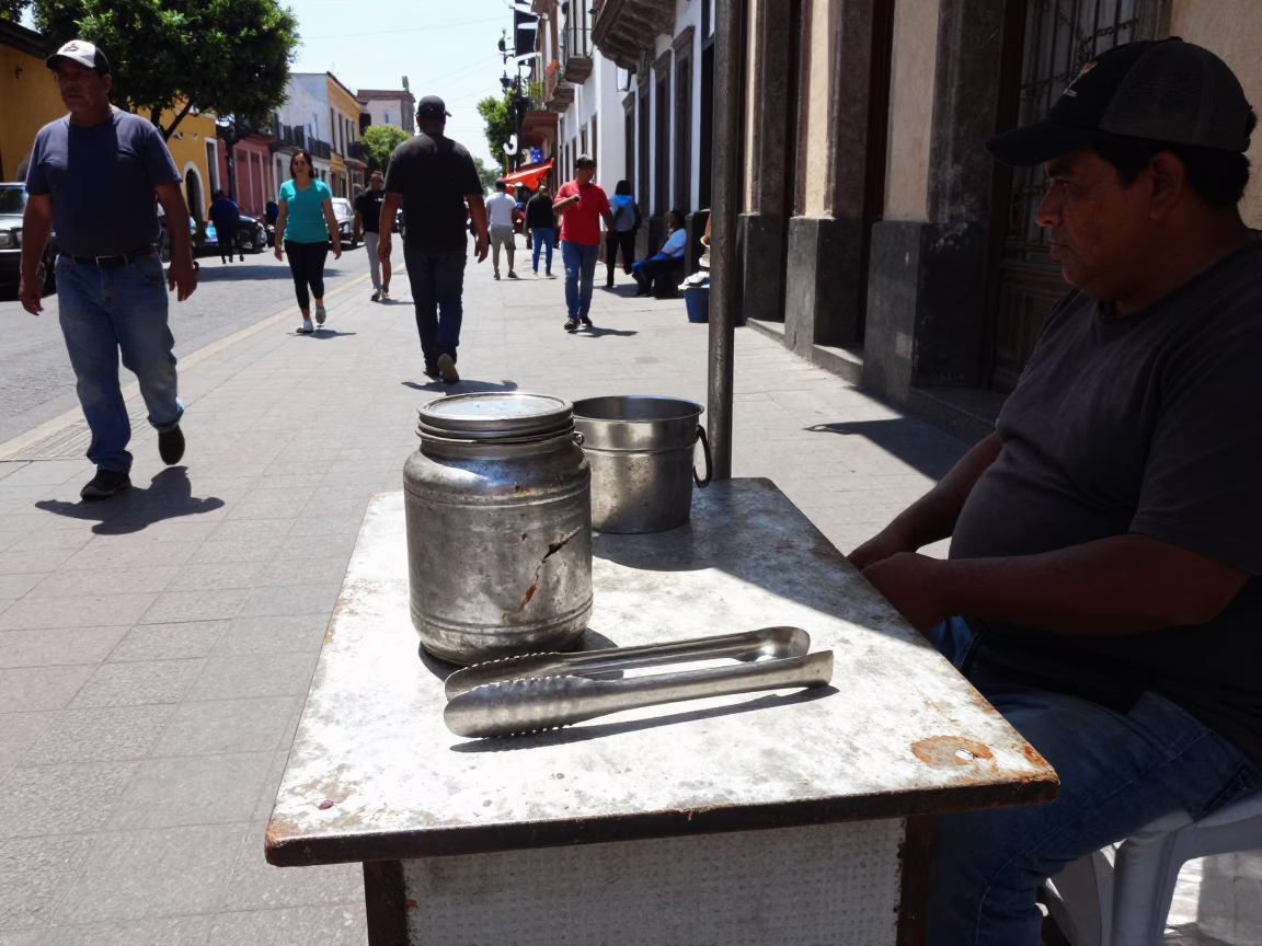 Midday Street Scene in Mexico City with Vendor Jar and Tongs in in Mexico City, Mexico