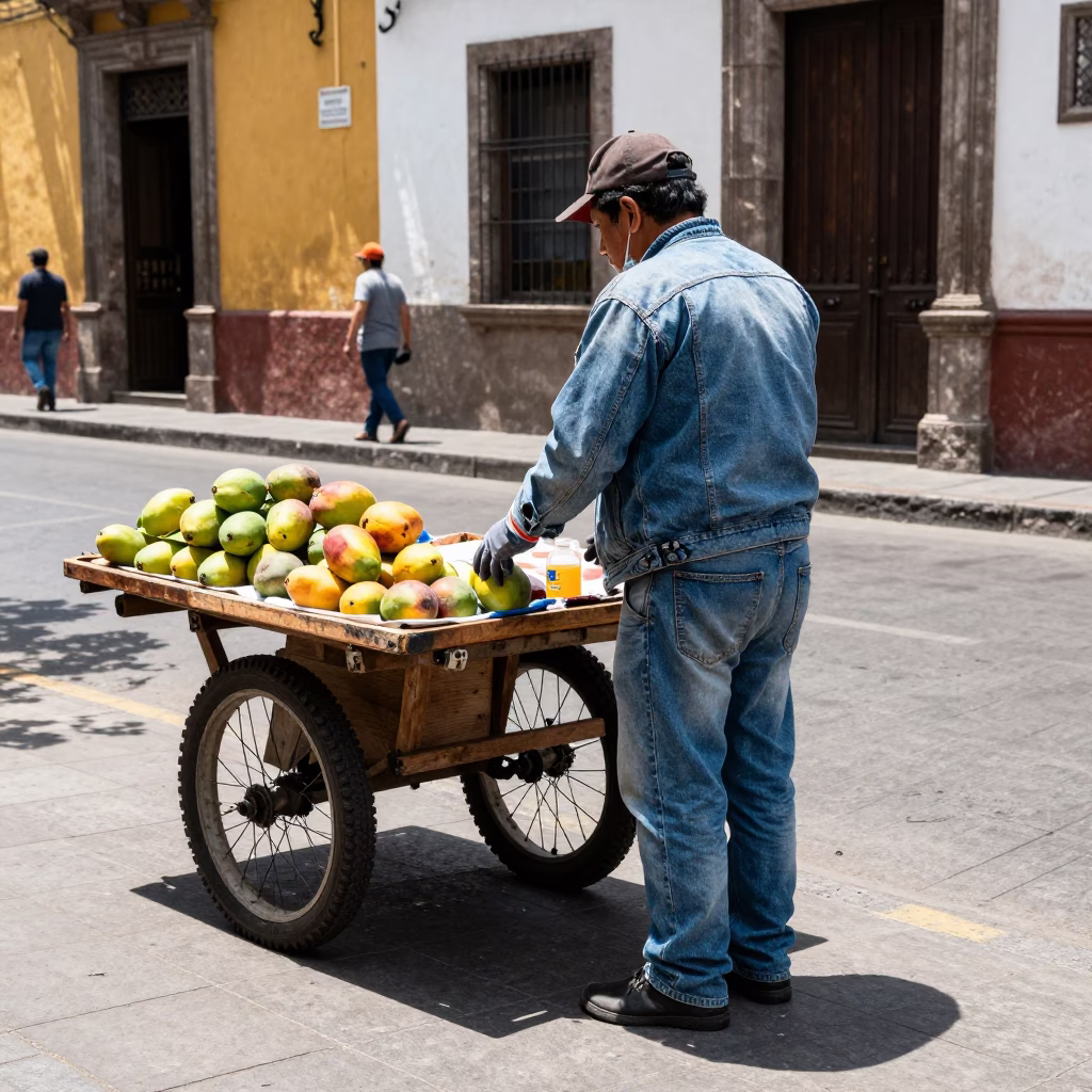 Midday Street Scene in Mexico City with Work Gloves and Mango Tree in in Mexico City, Mexico