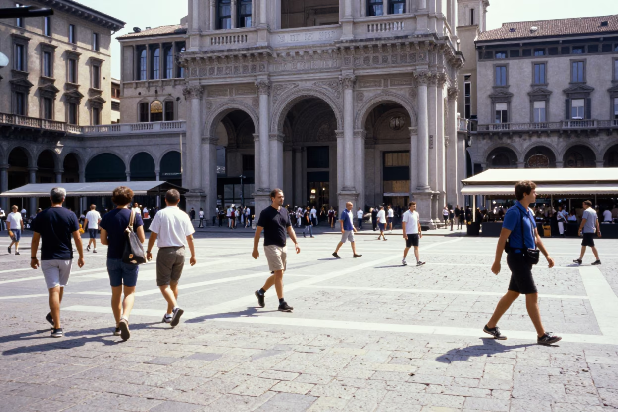 Midday Street Scene in Milan Italy with Pedestrians and Urban Architecture in in Milan, Italy