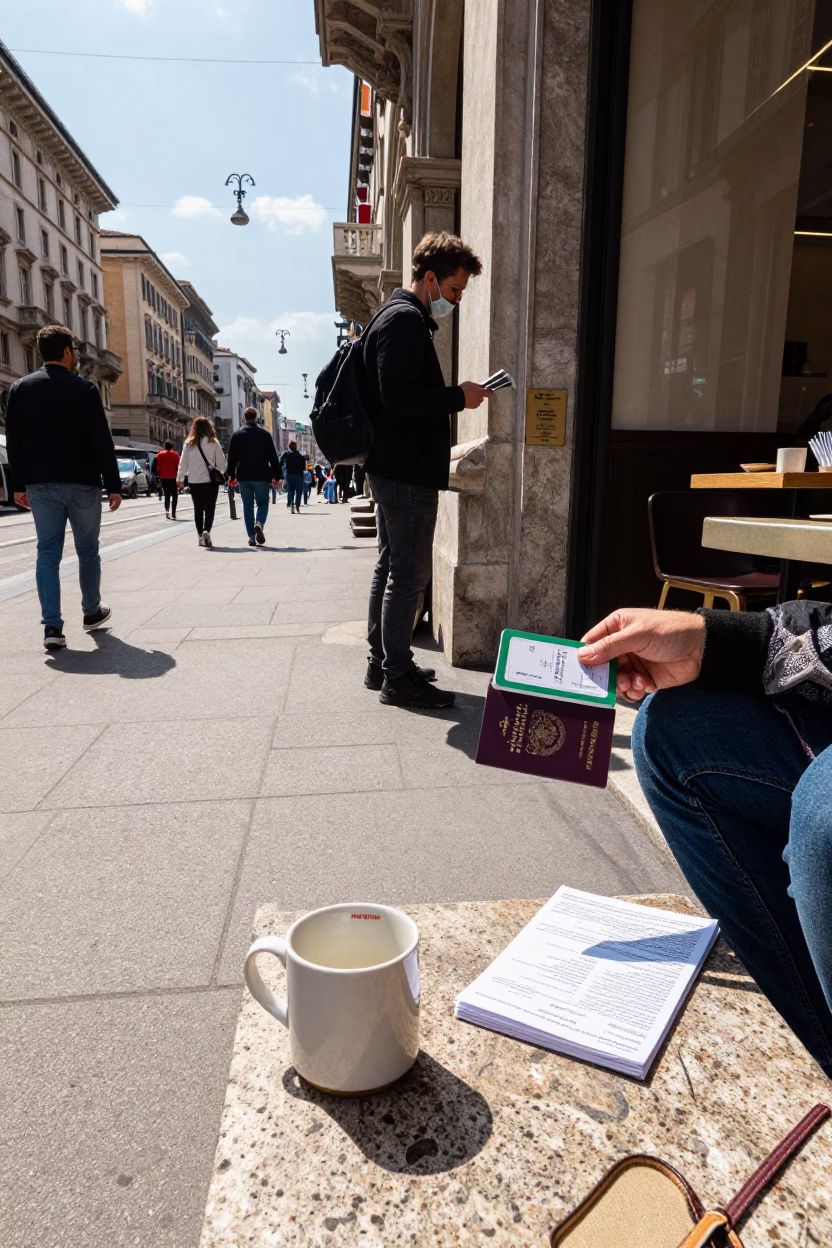 Midday Street Scene in Milan Italy with Traveler Documents and Café Mug in in Milan, Italy