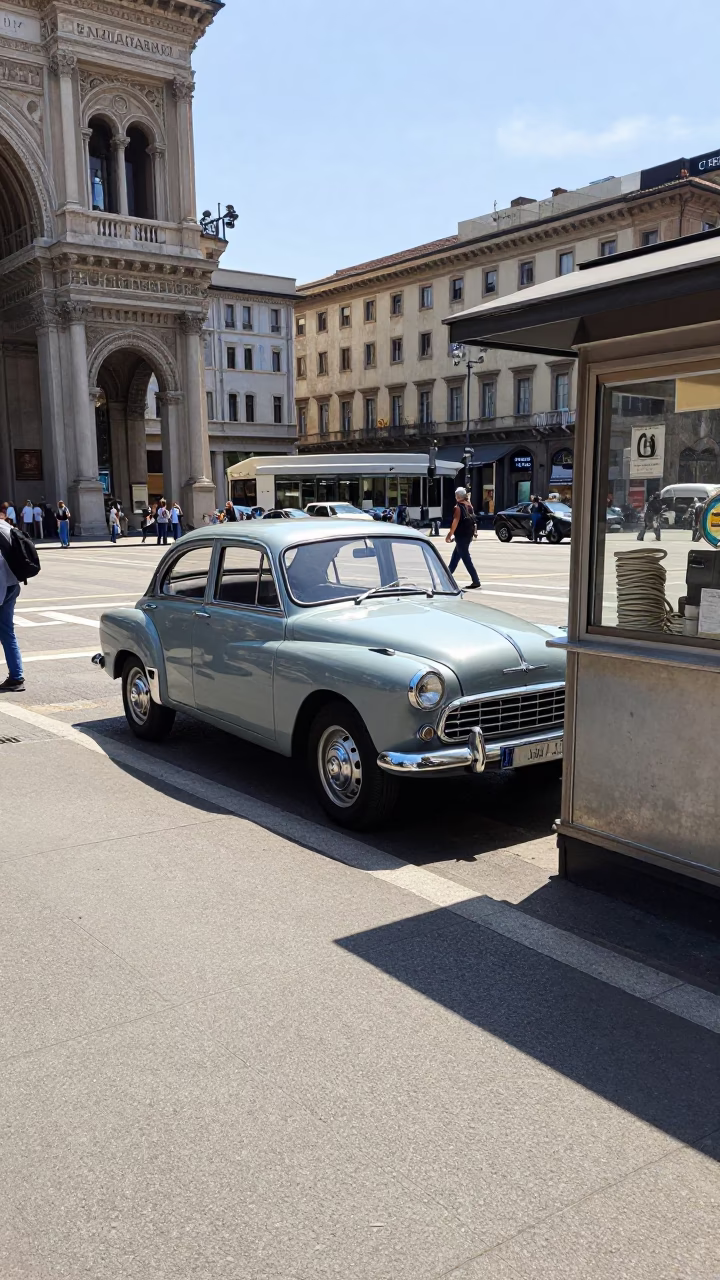 Midday Street Scene in Milan Italy with Vintage Car and Coiled Rope in in Milan, Italy