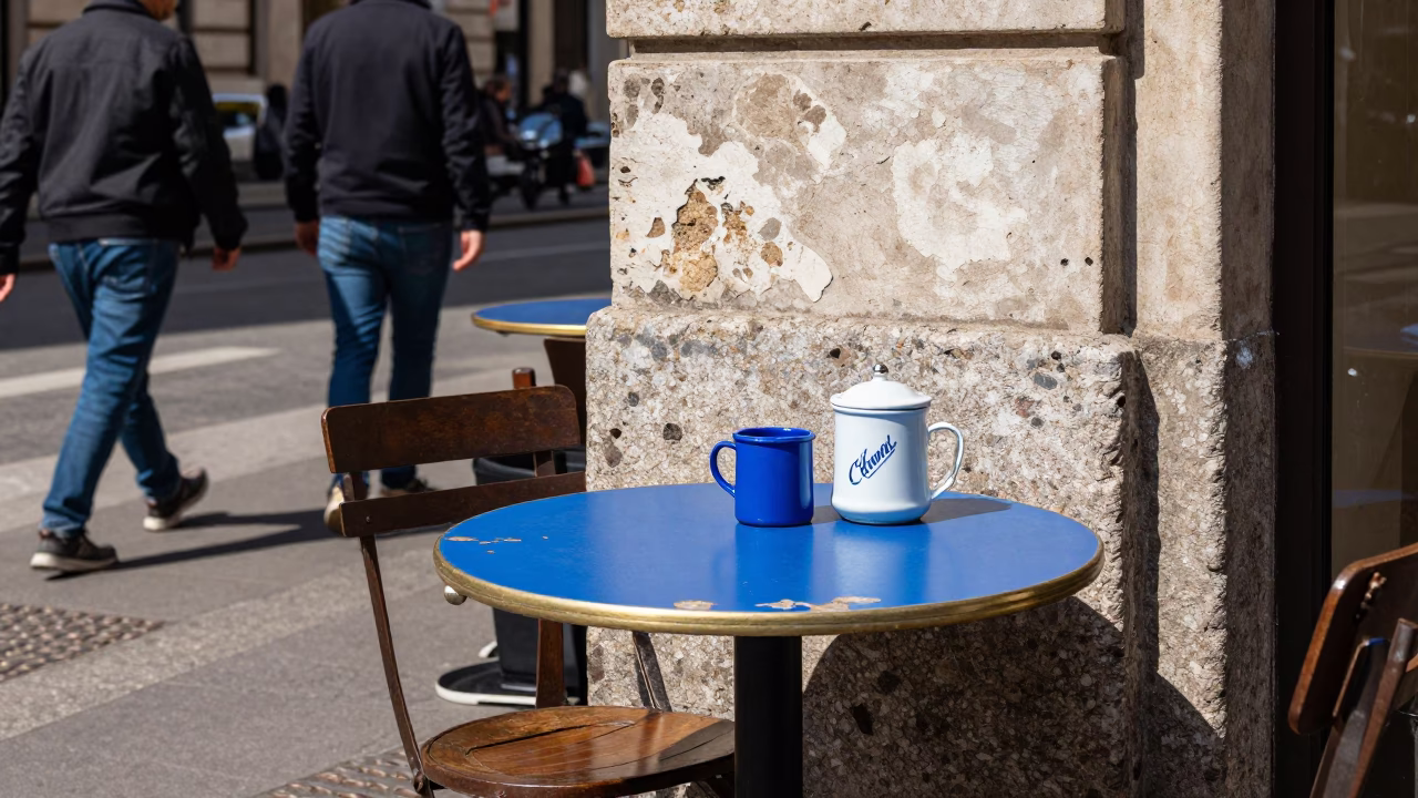 Midday Street Scene in Milan Italy with Vintage Enamel and Porcelain Details in in Milan, Italy