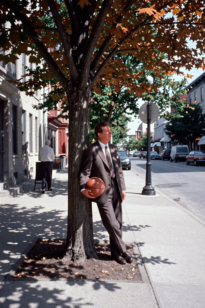 Midday Street Scene in Montreal Quebec Canada with Copper Beech Tree and Leather Basketball in in Montreal, Quebec, Canada