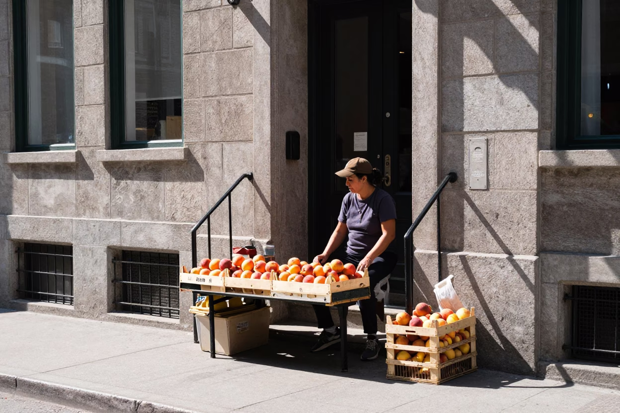 Midday Street Scene in Montreal Quebec Canada with Stair Rail and Nectarines in in Montreal, Quebec, Canada