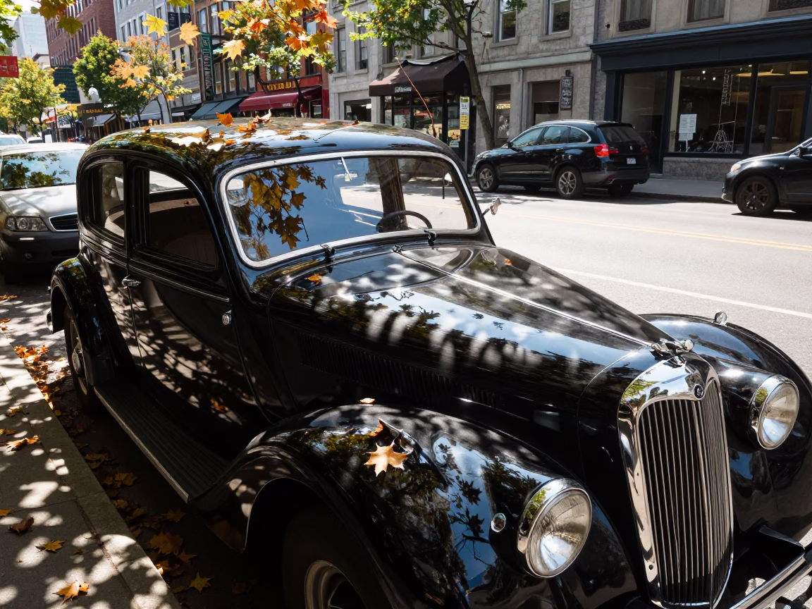 Midday Street Scene in Montreal Quebec Canada with Vintage Cars and Leaf Shadows in in Montreal, Quebec, Canada