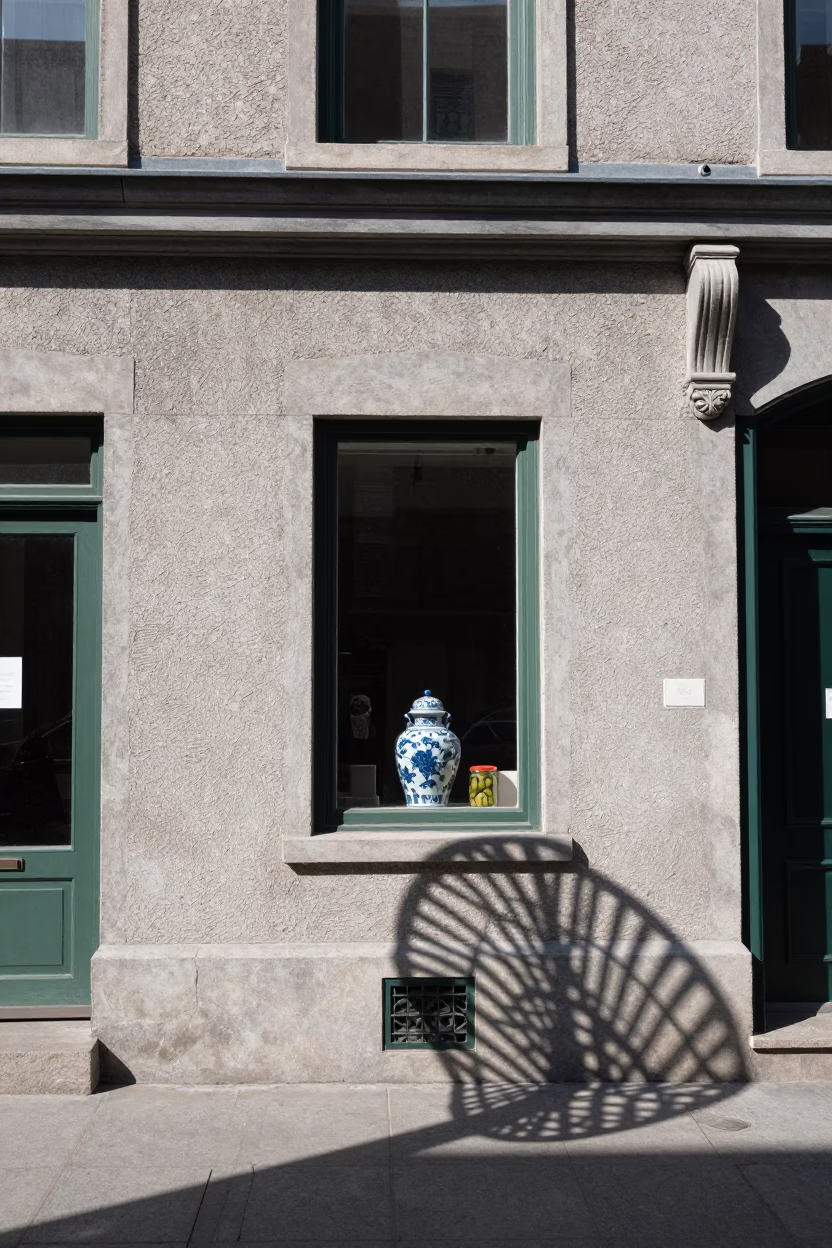 Midday Street Scene in Montreal Quebec Canada with Wicker Shadow and Porcelain Jar Detail in in Montreal, Quebec, Canada