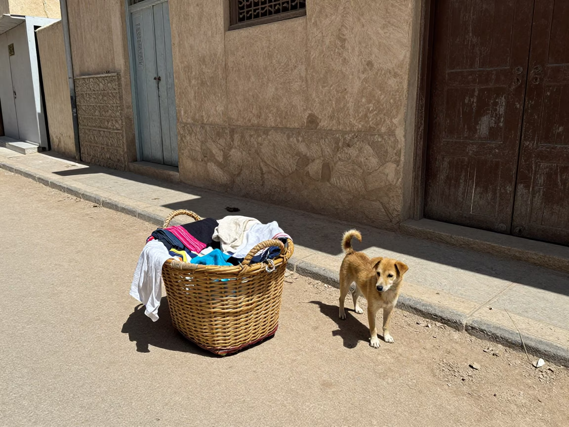 Midday Street Scene in Muscat Oman with Laundry Basket and Small Dog in in Muscat, Oman