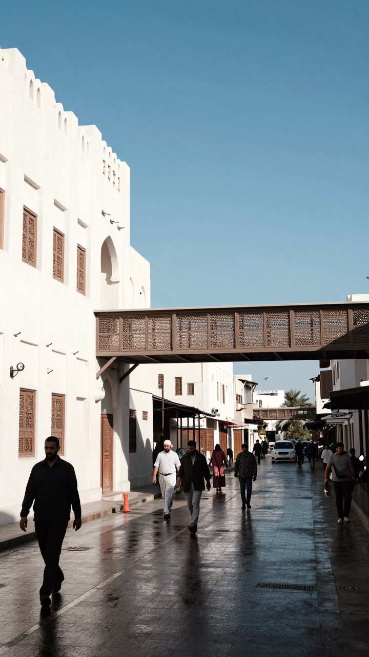 Midday Street Scene in Muscat Oman with Pedestrian Overpass and Wet Footsteps in in Muscat, Oman