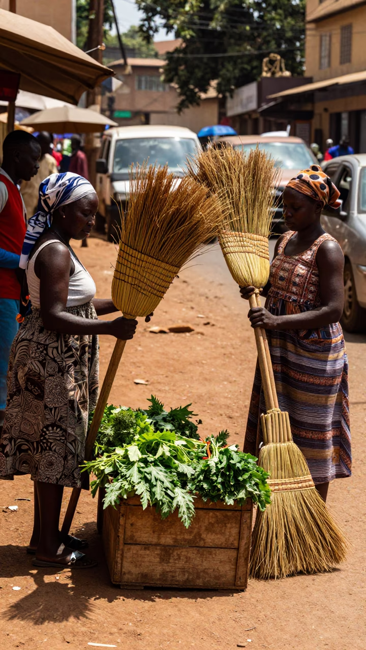 Midday Street Scene in Nairobi Kenya with Brooms and Herbal Vendors in in Nairobi, Kenya