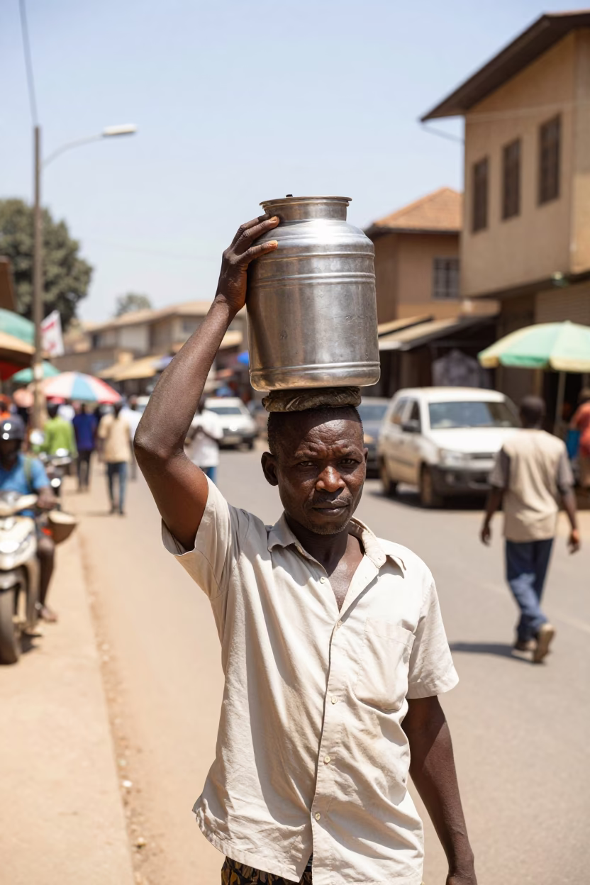 Midday Street Scene in Nairobi Kenya with Tiffin Tin and Local Interaction in in Nairobi, Kenya