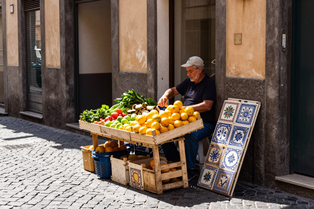 Midday Street Scene in Naples Italy with Local Vendor and Everyday Items in in Naples, Italy