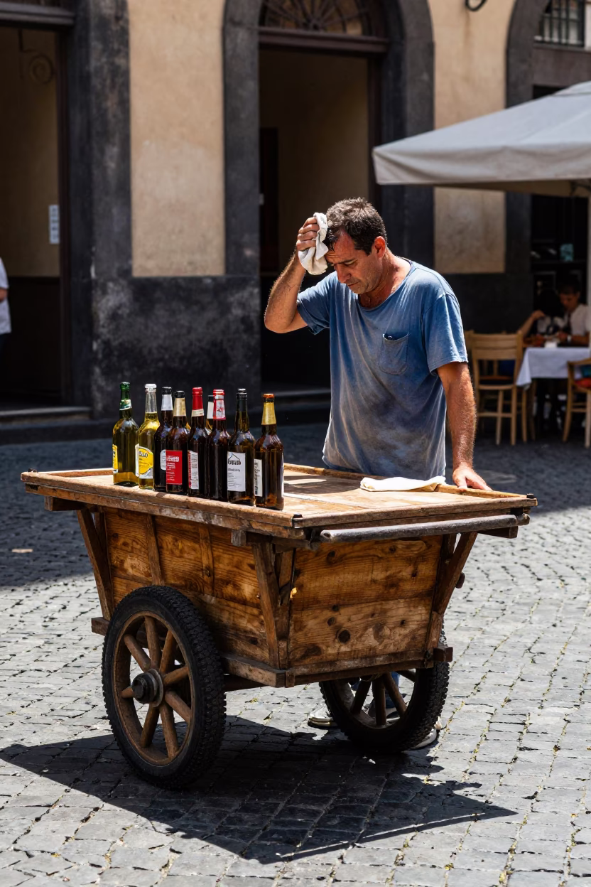 Midday Street Scene in Naples Italy with Rolling Carts and Bottles in in Naples, Italy