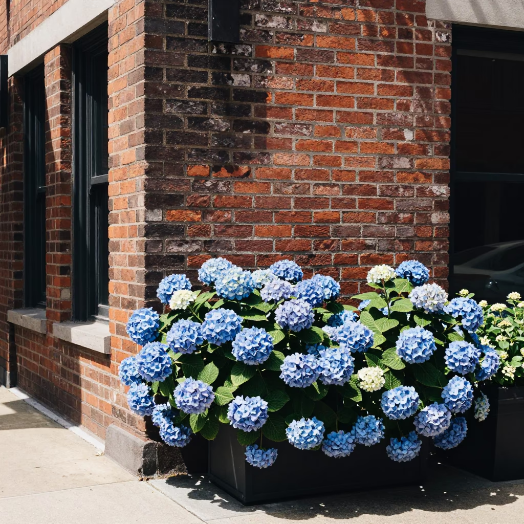 Midday Street Scene in Nashville Tennessee with Hydrangeas and Brick Architecture in in Nashville, Tennessee, United States