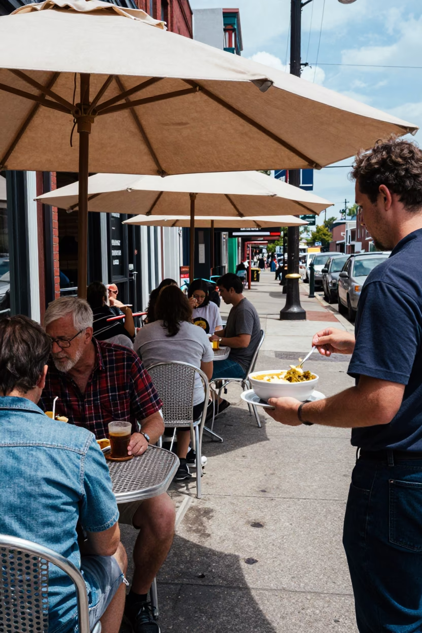 Midday Street Scene in Nashville Tennessee with Local Dining and Vintage Details in in Nashville, Tennessee, United States