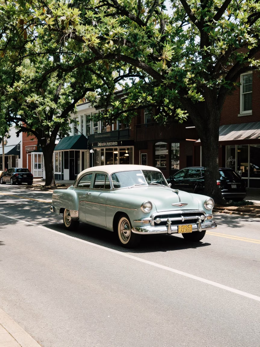 Midday Street Scene in Nashville Tennessee with Vintage Car and Local Pedestrians in in Nashville, Tennessee, United States