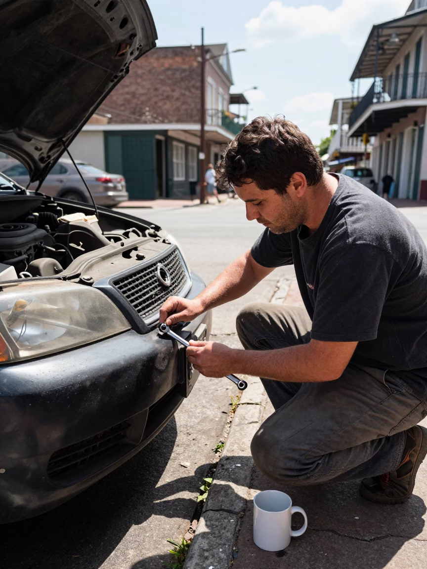 Midday Street Scene in New Orleans Louisiana with Socket Wrench and Mug in in New Orleans, Louisiana, United States