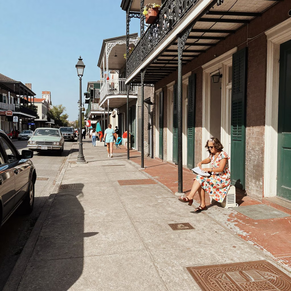 Midday Street Scene in New Orleans Louisiana with Vintage 1970s Aesthetic and Local Details in in New Orleans, Louisiana, United States