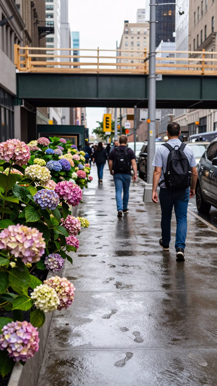 Midday Street Scene in New York City with Hydrangeas and Pedestrian Overpass in in New York, New York, United States