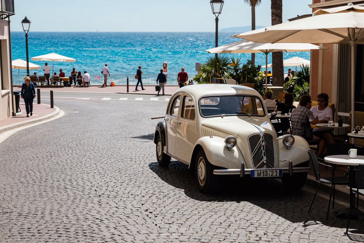 Midday Street Scene in Nice France with Cobblestones and Local Life in in Nice, France