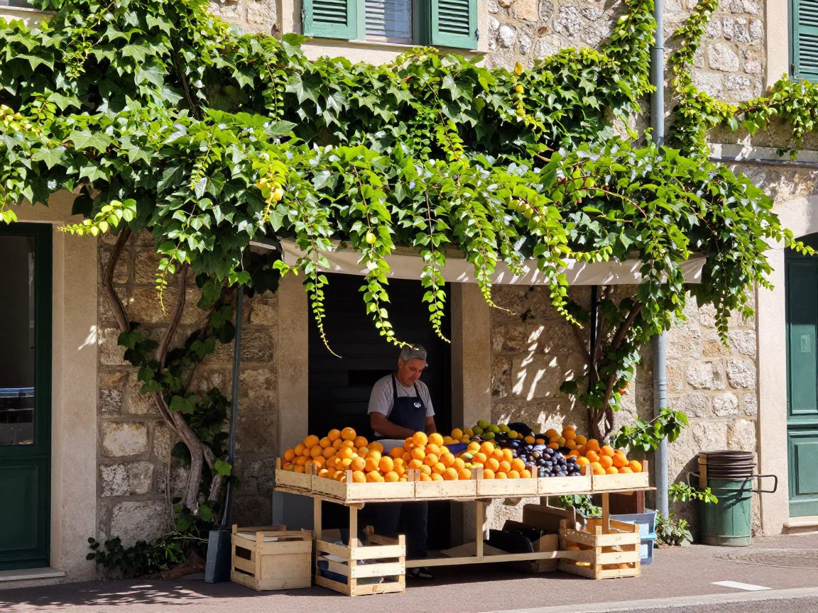 Midday Street Scene in Nice France with Ivy Vines and Nectarines in in Nice, France