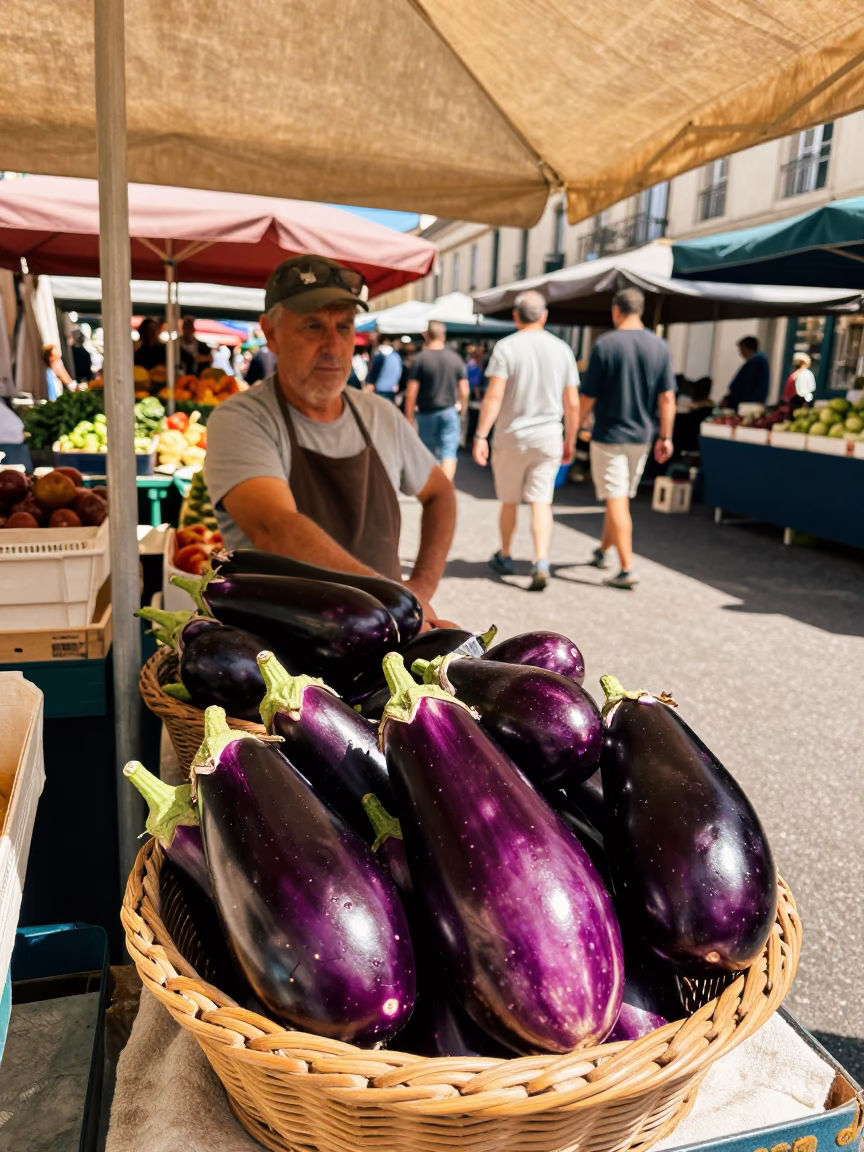 Midday Street Scene in Nice France with Vendor Selling Fresh Eggplants in in Nice, France