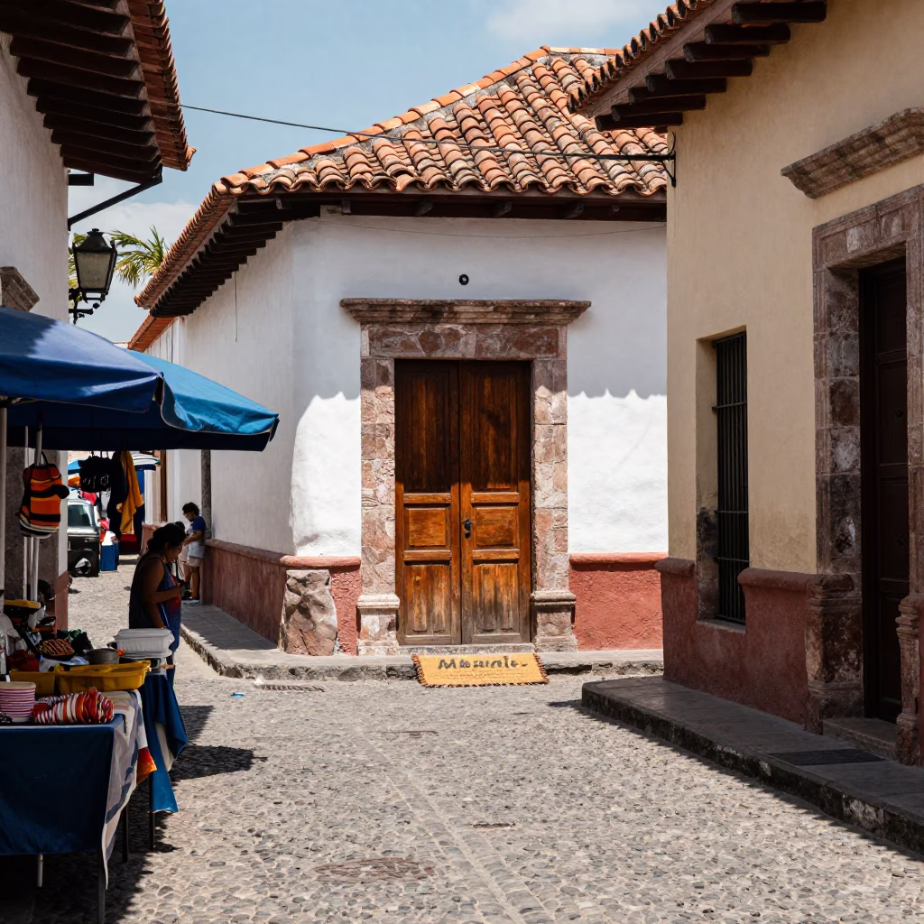 Midday Street Scene in Oaxaca Mexico with Doormat and Local Market Activity in in Oaxaca, Mexico