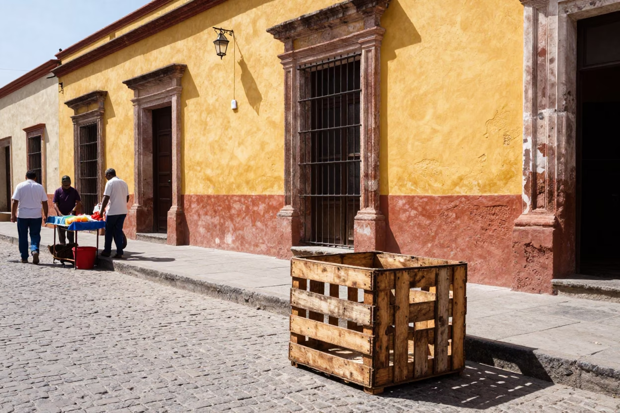 Midday Street Scene in Oaxaca Mexico with Wooden Crate and Market Goods in in Oaxaca, Mexico