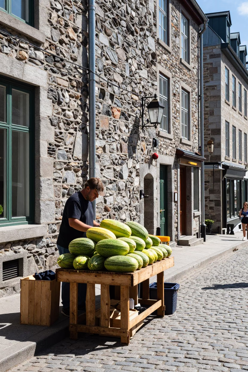 Midday Street Scene in Old Quebec City with Melons and Linen Napkin in in Quebec City, Quebec, Canada