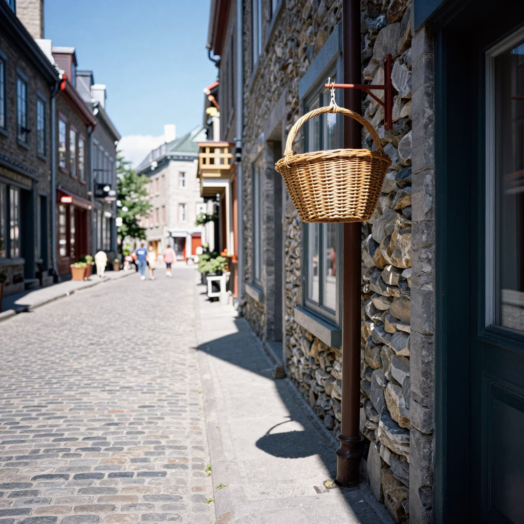 Midday Street Scene in Old Quebec City with Wicker Basket Shadow and Bougainvillea in in Quebec City, Quebec, Canada