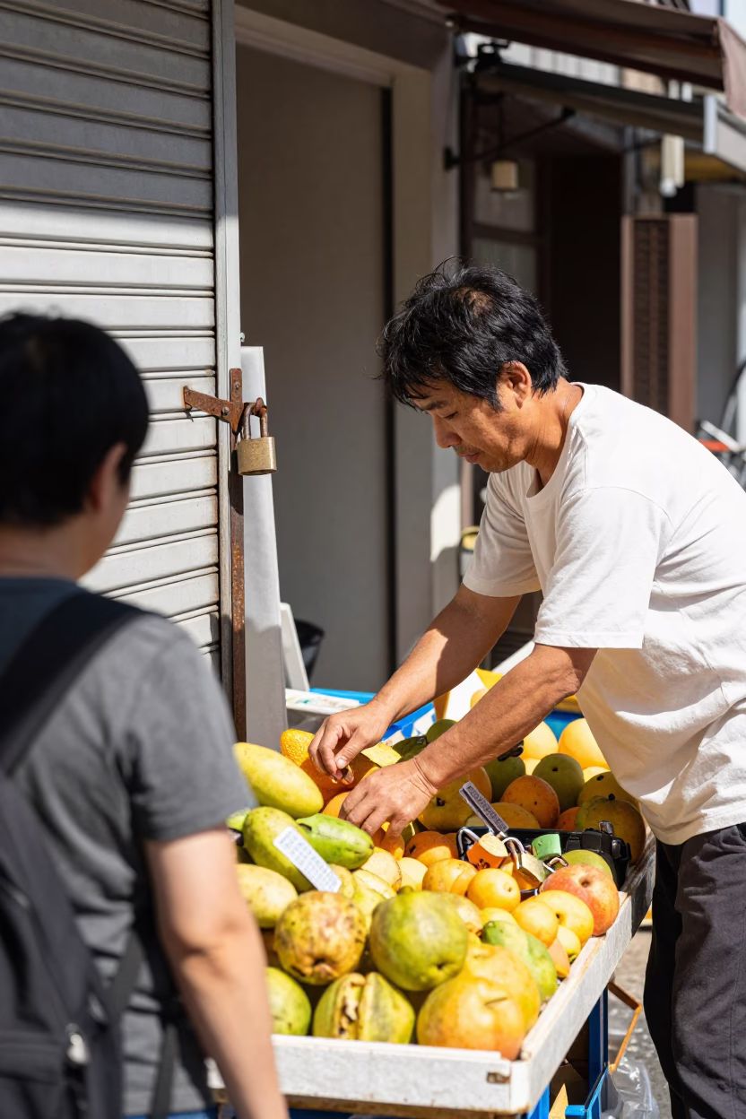 Midday Street Scene in Osaka Japan with Fruit Vendor and Padlock in in Osaka, Japan