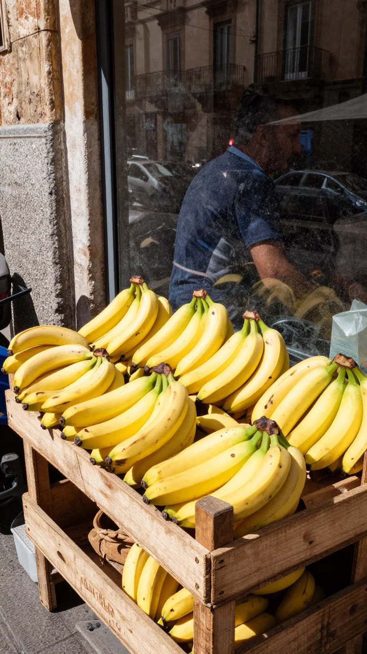 Midday Street Scene in Palermo Italy with Bananas and Smudged Glass in in Palermo, Italy