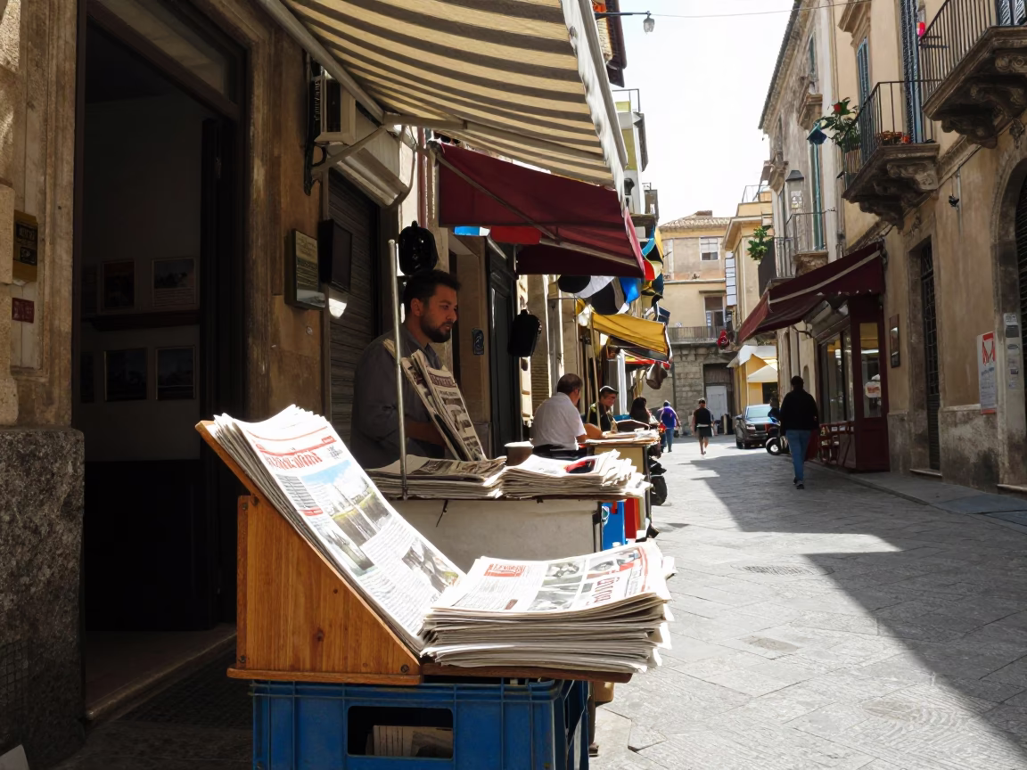 Midday street scene in Palermo Italy with colorful awnings and local commerce in in Palermo, Italy