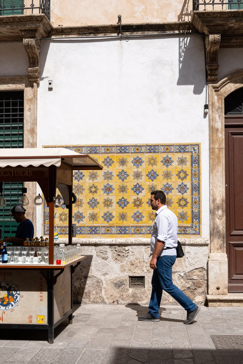 Midday street scene in Palermo Italy with colorful tiles and daily life in in Palermo, Italy