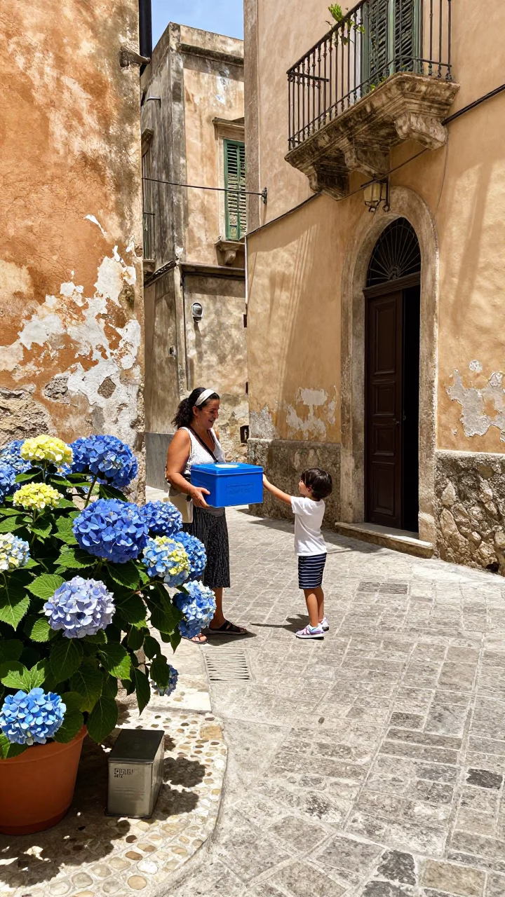 Midday Street Scene in Palermo Italy with Hydrangeas and Tin Box in in Palermo, Italy
